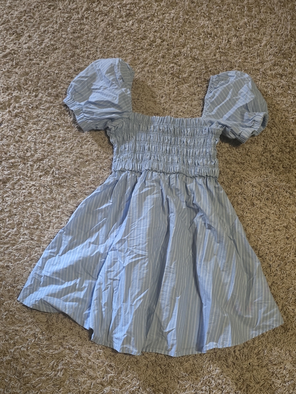 Celebrity Pink Light Blue Striped Smocked Puff Sleeve Dress